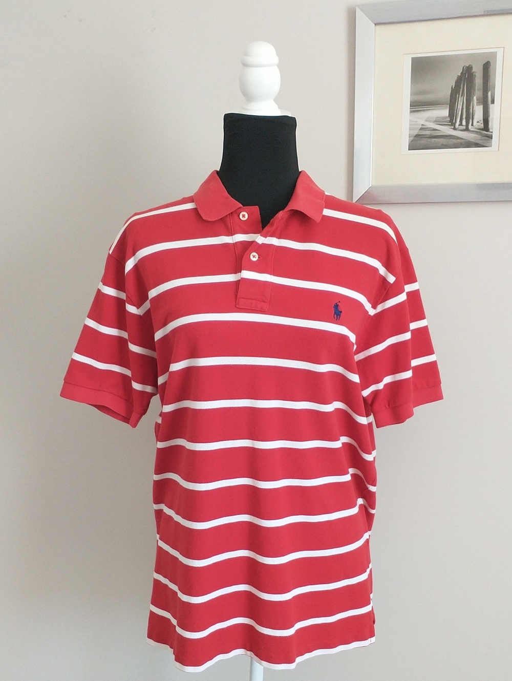 Polo Ralph Lauren Red & White Striped Polo Men's Shirt with Navy Pony. SIZE L